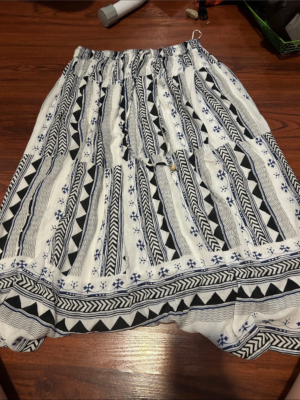 Tiered Midi Skirt in Navy & White with Geometric Print
